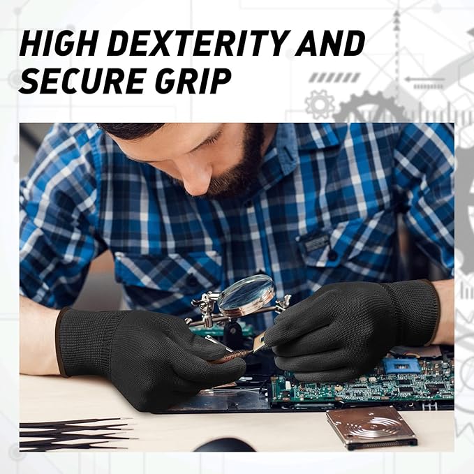 Ultra-Thin PU Coated Work Gloves 12 Pairs Breathable High Dexterity Gardening Warehouse Assembly Precision Tasks