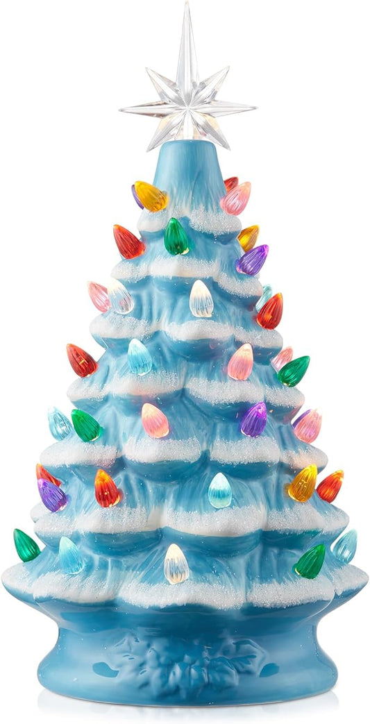 Casafield Hand Painted Ceramic Christmas Tree, Blue Snow Flocked 12-Inch Pre-Lit Tree with 100 Multi Color Lights and 2 Star Toppers