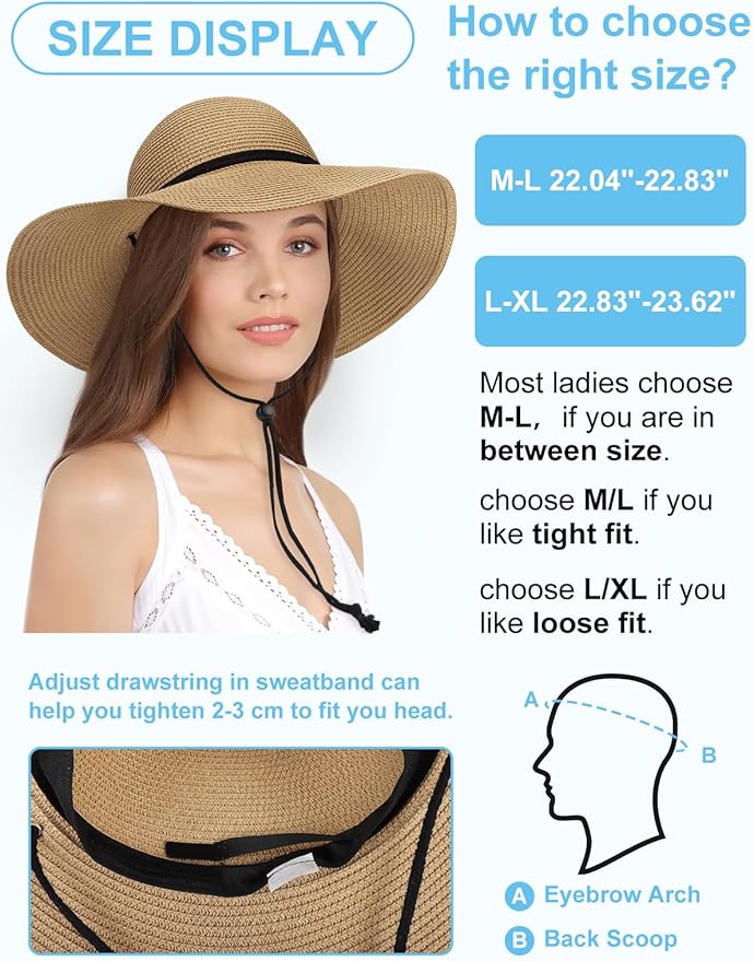 Senker Fashion Sun Hats for Women, Wind Lanyard Wide Brim Straw Hat for Summer Beach Garden Vacation Foldable UPF 50+