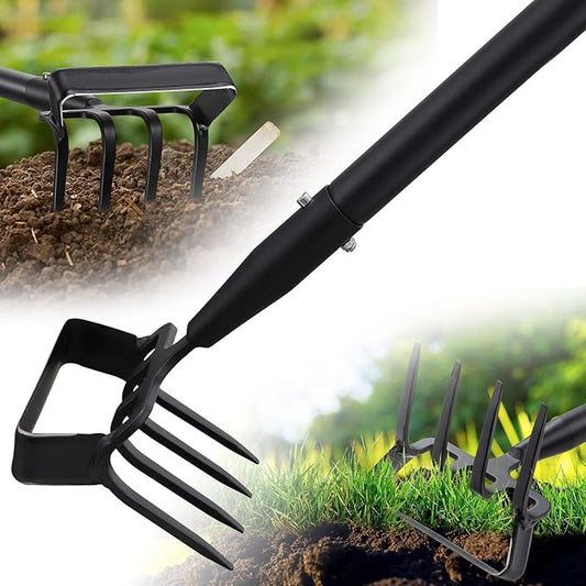 Dual Function Hoe Garden Tool - 36-82” Extra Long Handle Lightweight Stirrup Hula Hoe for Easy Weeding, Carbon Steel Sharp Blade & 4 Tine Rake for Gardening