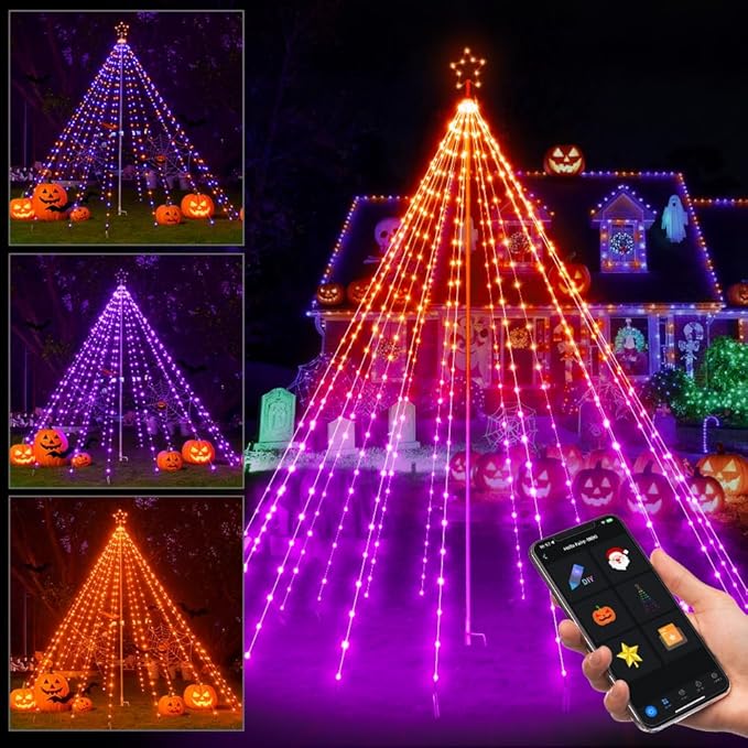10ft Smart Outdoor Christmas Tree Lights,App&Remote Control Iron Pole Waterfall String Lights,DIY RGB Color Changing,Music Sync,Timer,Waterproof Star Tree Lights for Yard,Party,Holiday,Xmas Decor
