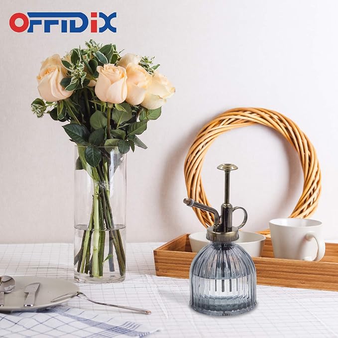 OFFIDIX Plant Mister plant water Spray Bottle, 6.3" Tall Vintage Style with Bronze Plastic Top Pump One Hand Glass Watering Can for Indoor Potted Plants Terrariums (Dark Gray)