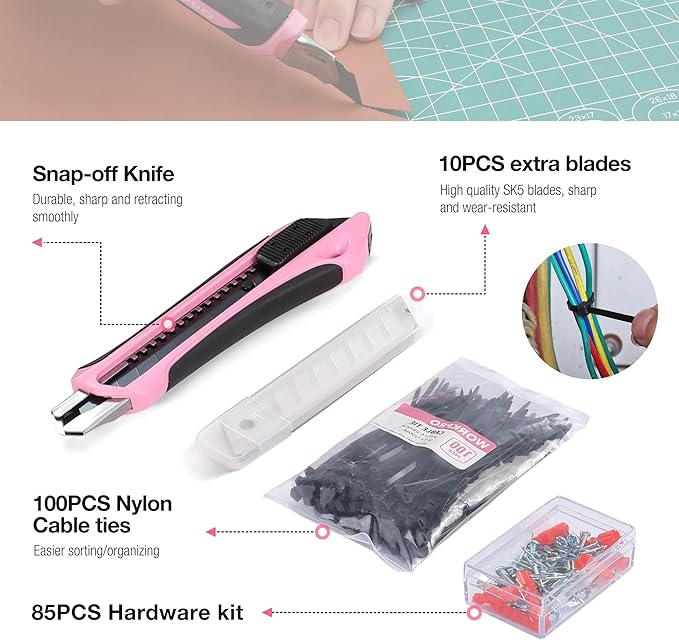 WORKPRO Pink Tool Set, 258 PCS Tool Kit for Women, Basic Household Case with Hammer, Screwdriver Set, Portable for Home Repair, New Apartment, House-Warming, DIY - Pink Ribbon