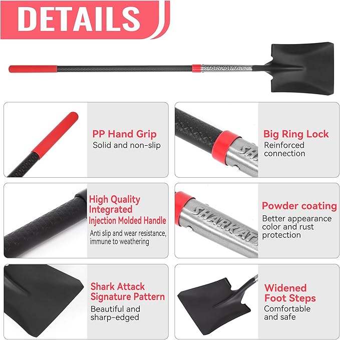 SHARK ATTACK Heavy Duty Garden Shovel, 56.7 Inch Square Head Spade Shovel with Powder Coated Steel & Non-Slip Grip for Gardening, Land Management, Yard Work, Farming and Outdoors