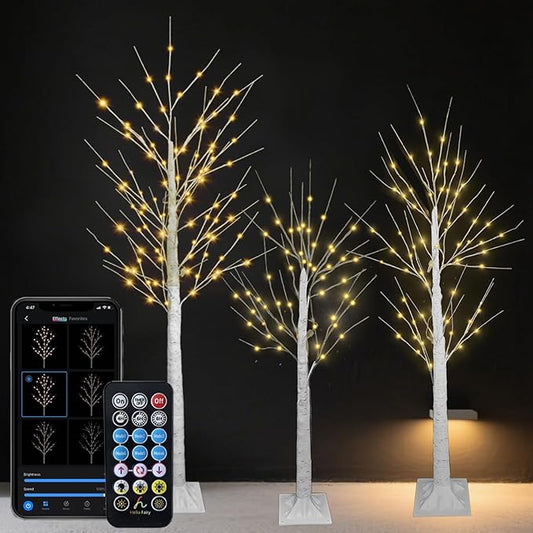 3PACK Lighted Birch Tree 4FT 5FT and 6FT, Smart White Christmas Tree with Lights with APP Home Decor, Warm White, Timing, Dimmer, Group Control, Music Sync, Holiday Decor Indoor/Outdoor Use