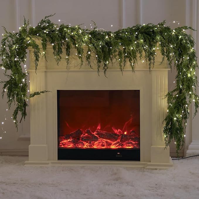 MISSPIN 9ft Christmas Garland with String Lights, Real Touch Cedar Pine Garland, Green Artificial Greenery Garland for Table, Mantle, Wall, Indoor, Outdoor Christmas Decorations