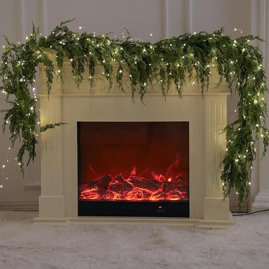 MISSPIN 9ft Christmas Garland with String Lights, Real Touch Cedar Pine Garland, Green Artificial Greenery Garland for Table, Mantle, Wall, Indoor, Outdoor Christmas Decorations