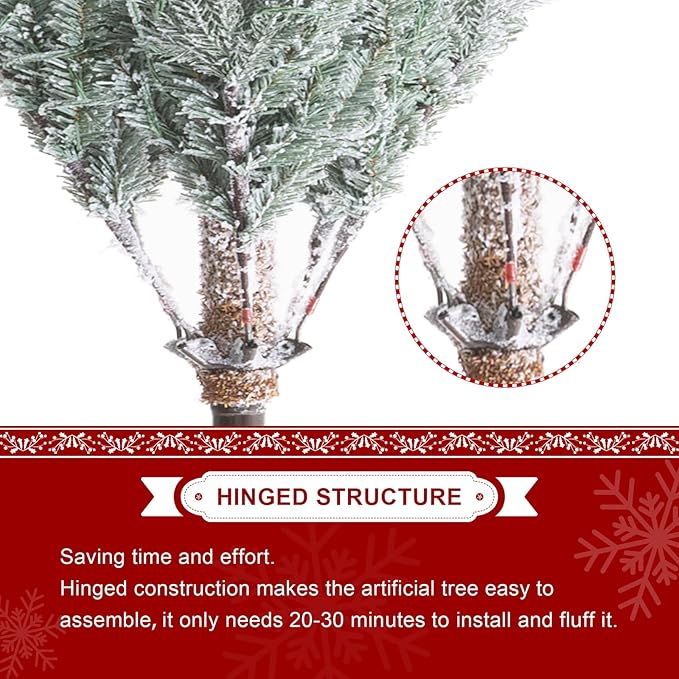 Glitzhome 10ft Deluxe Pre-Lit Flocked Artificial Christmas Tree, Majestic Frostfall Fir Hinged Holiday Xmas Tree with 700 Warm White Lights, Three Function, Easy Assembly