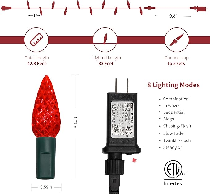 WATERGLIDE C6 Christmas Lights, 33ft 100 LED Faceted String Lights Green Wire Valentines Fairy Lights with 29V Adaptor, 8 Lighting Mode, Waterproof for Indoor Outdoor Patio Xmas Tree Party Decor, Red