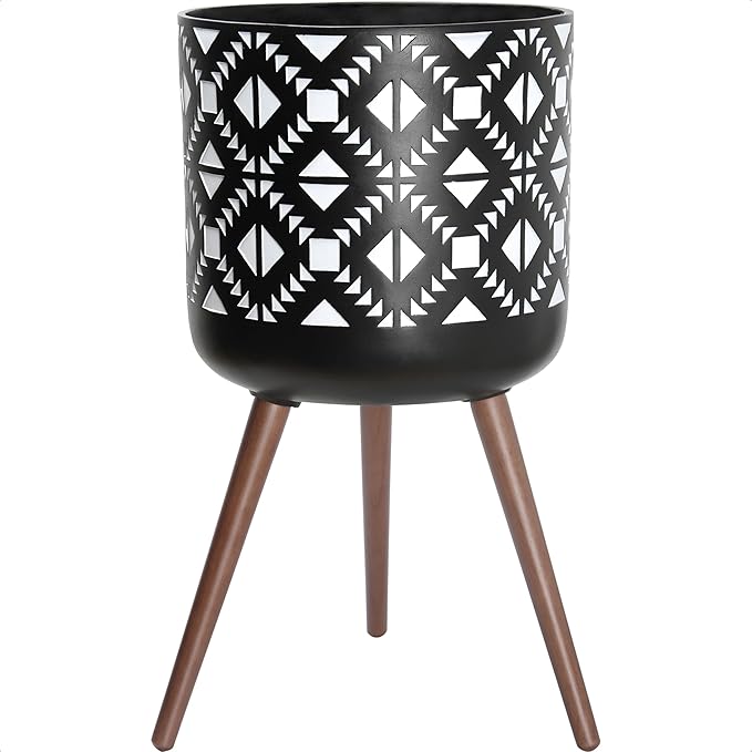 D'vine Dev 16 Inch Planter Pot with Stand, Mid-Century Tall Plant Pot with Legs for Indoor Plants, White/Black, 88-G-E-4