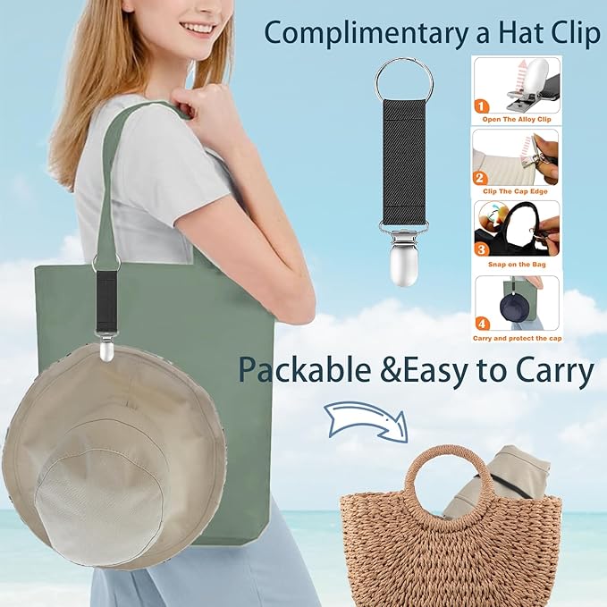 vidsel Womens Sun Hats Wide Brim Reversible Bucket Cotton Hat Packable Summer Travel Cap with Hat Clip,UV Protection