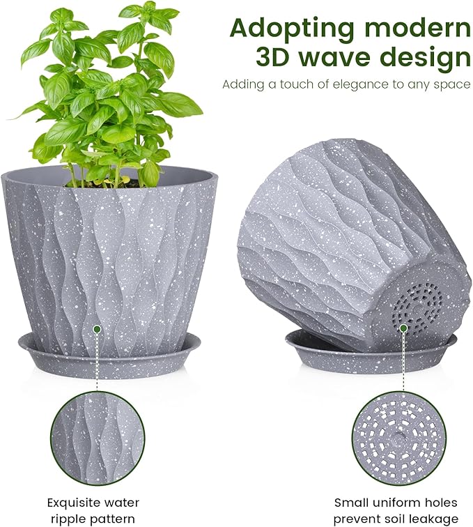 7/6.5/6/5.5/5/4.5/4 inch Plant Pots for Indoor Outdoor Plants, 7 Pack Thick Flower Pots with Drainage Holes and Saucers, Modern Wave Texture Plastic Planters Nursery Pots, Speckled Grey