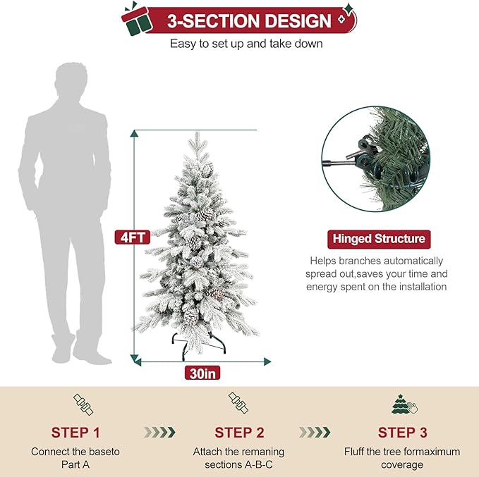 4 FT Snow Flocked Christmas Tree with 455 PE&PVC Mixed Branch Tips,Unlit Artificial Skinny Pencil Christmas Tree with 19 Pine Cones,Hinged Premium Xmas Slim Fir Trees for Home,Office,Party Decoration
