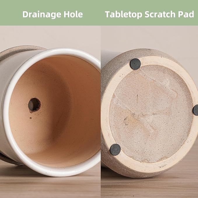 5.8 Inch Plant Pot: Ceramic Planter with Drainage Hole & Saucer for Indoor Outdoor Plants - Flowerpot with Bonded Tray for Home Office - Retro Style, Grey