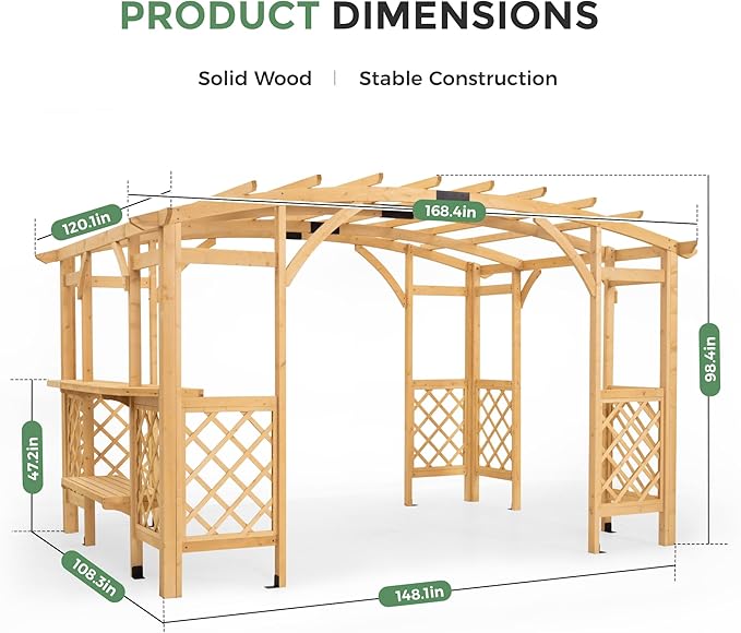 10' x 14' Wood Pergola Outdoor, Patio Pergola Solid Structure with Shelves, Painted Wood Frame with Arched Top for Garden Porch Deck,Brown