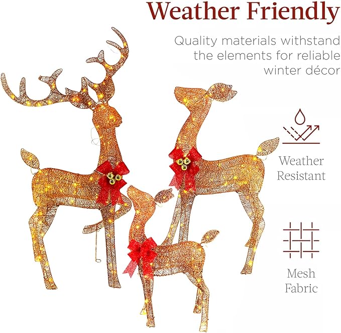 Light Up Christmas Reindeer Outdoor Decor, 240 LED 3-Piece Lighted Family Deer Set. Weatherproof Christmas Yard Reindeer Decoration with Stakes for Outside, Lawn, Garden, Patio, Indoor