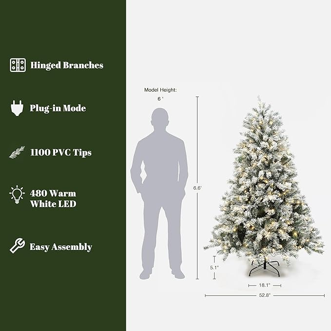 LuxenHome 6.5FT Christmas Tree with Lights, Flocked Artificial Christmas Tree with 8 Lighting Functions, 1100 PVC Tips, 480 Warm White Lights, Prelit Xmas Trees for Indoor and Outdoor Holiday Decor