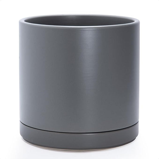 D'vine Dev 12 Inch Ceramic Planter Pot with Drainage Hole and Saucer, Indoor Cylinder Round Planter Pot, Speckled Grey, 94-O-F-3