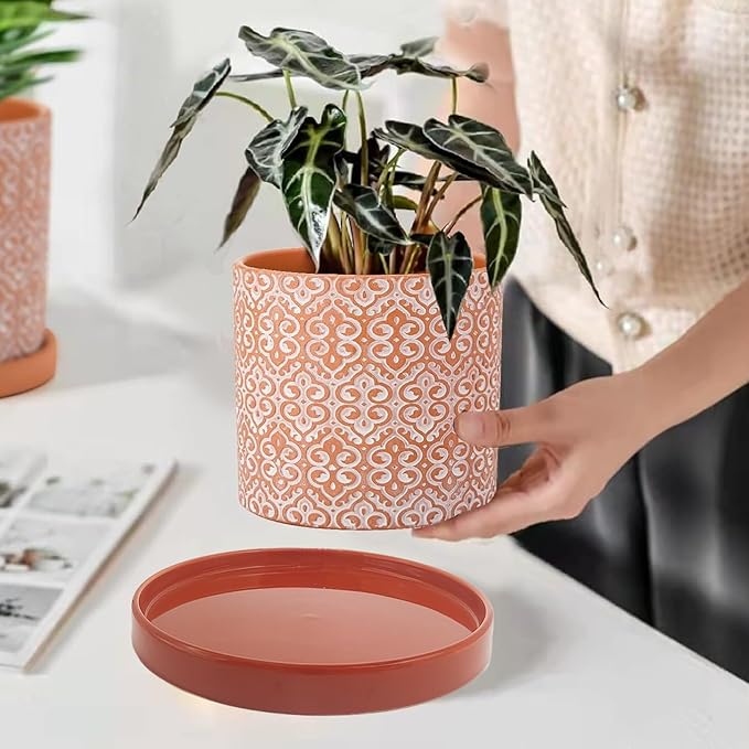 2 Pack Ceramic Plant Saucer Pot Tray 8.5 Inch, Planter Saucers 6 7 8 9 10 11 12 15 Inch, Durable Sturdy Flower Drainage drip Water Tray for Glazed Pots Base (8.5 Inch- Red Terracotta)