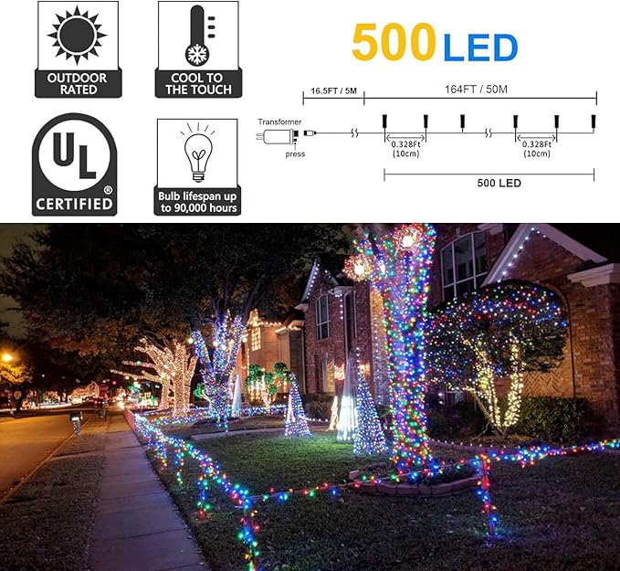 kemooie 500 LED Christmas String Lights, 164FT 8 Lighting Modes with Memory Plug in Waterproof Green Wire Lights, for Outdoor Birthday Christmas Party Garden Balcony Decorations (Multicolored)