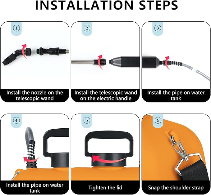 2.4 Gallon Battery Powered Sprayer, Electric Battery Operated Sprayer, Weed Power Sprayers in Lawn and Garden with Adjustable Shoulder Strap and Rechargeable Handle, 3 Mist Nozzles (Orange)