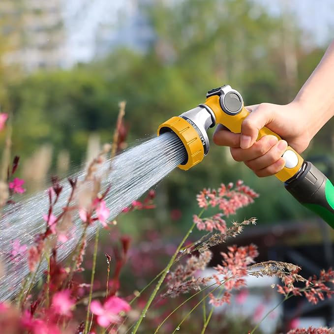 RESTMO Heavy Duty Hose Nozzle, Metal Garden Water Hose Sprayer with 7 Watering Patterns, Thumb Control, On Off Valve, High Pressure Nozzle Sprayer for Watering Plants, Car and Pet Washing, Yellow