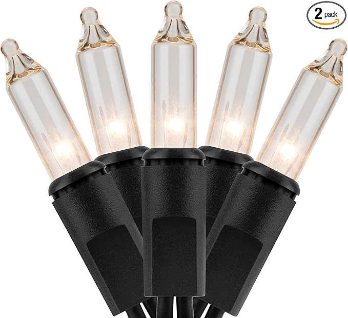 YULETIME 200 Clear Christmas Lights with Black Wire, Pack of 2 Strands of 21 ft 100 Count UL Certified Incandescent Mini String Light (Clear - Black Wire)