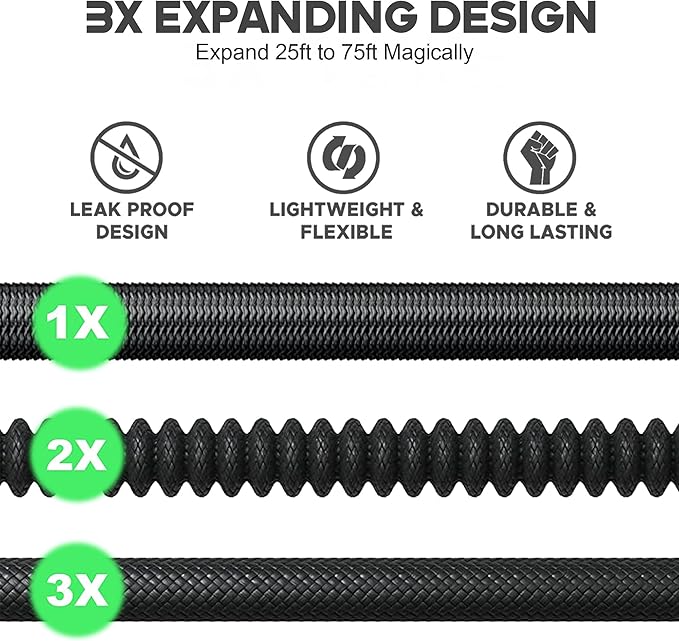 Expandable Garden Hose 75 ft with 10 Function Nozzle Sprayer, Lightweight Flexible Water Hose with Durable Collapsible Latex Core & Solid Brass Fittings, 75ft Retractable Stretch Hose, Black
