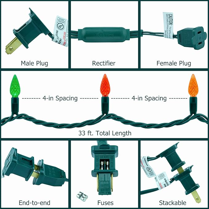 YULETIME Multicolor C6 Strawberry LED Christmas Lights, 33 ft 100 Count 4" Spacing One-Piece High Waterproof UL Certified String Light (Multi-Colored)