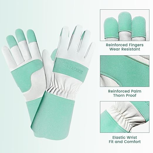 Gardening Gloves, Long Thorn Proof Garden Gloves for Women and Men, Goatskin Breathable Leather Work Gloves for Gardening, Pruning, Yard Work, Turquoise, M
