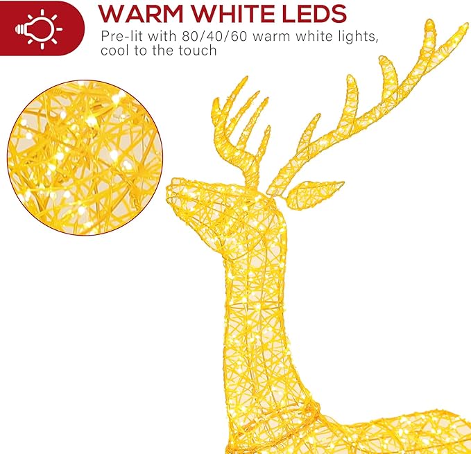 Hykolity 4.5 FT 3D Lighted Outdoor Christmas Reindeers Family, 3-Piece Light Up Twinkling Deer Set with 1660 Warm White LED Lights, Groud Stakes, Zip Ties for Holiday Decorations