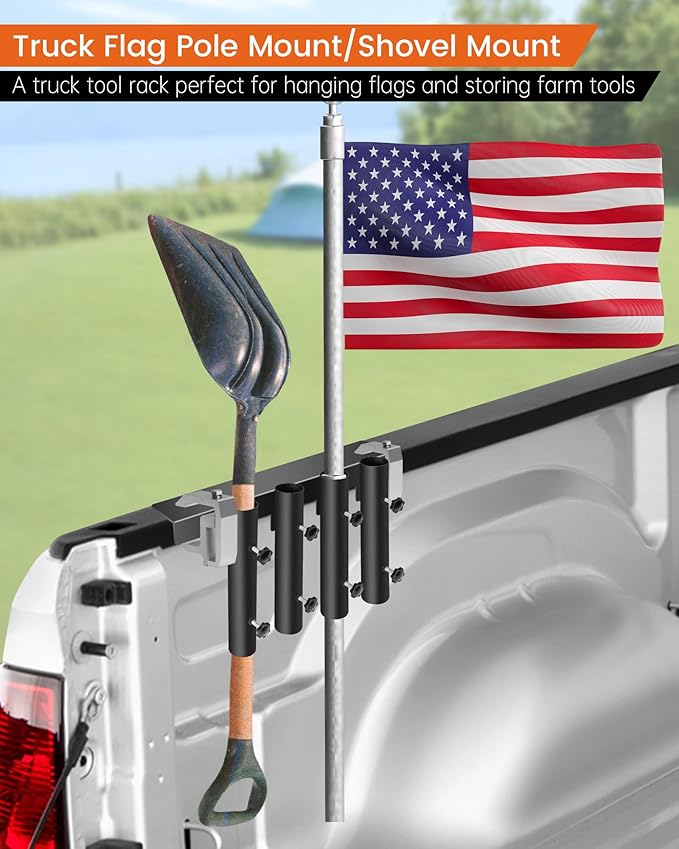 4-Hole No-Drilling Shovel Holder for Truck, Side Flag Mount for Truck, Shovel Rack for Truck Accommodates diameters up to 1.8" Flag Pole, Trimmers, Rakes, Shovels, Other Lawn Tools