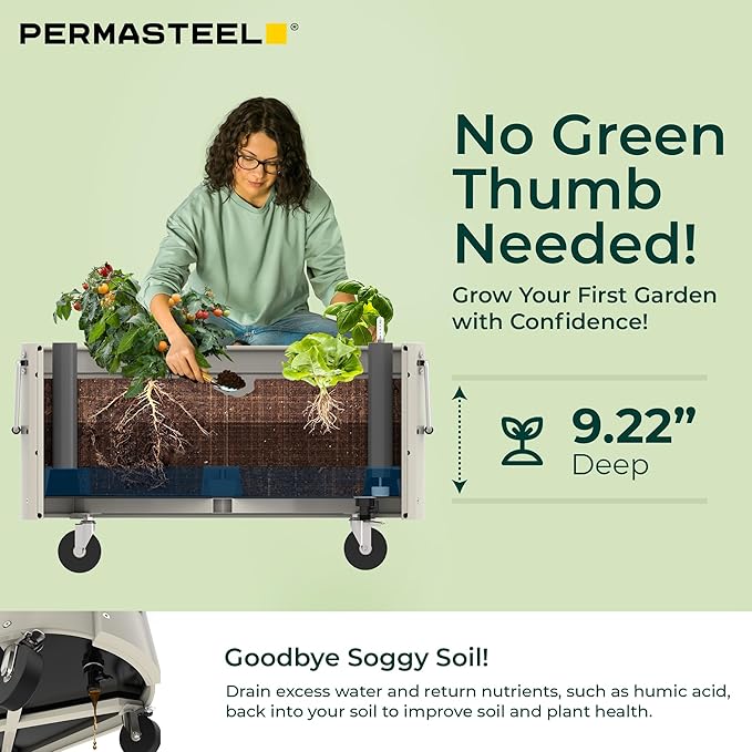 Permasteel Self-Watering Garden Bed, Rolling Planter for Vegetables, Flowers, Herbs, and Fruit, Outdoor Indoor, Caster Wheels, Ivory