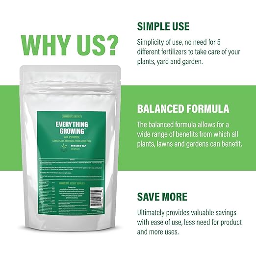 Humboldts Secret Everything Growing Plant Food 20-20-20 Plant Fertilizer - Balanced Blend of Nitrogen, Phosphorus, Potassium, and Kelp - for Lawns, Gardens, Fruit Trees and House Plants (25 lb)