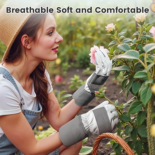 Gardening Gloves, Long Thorn Proof Garden Gloves for Women and Men, Goatskin Breathable Leather Work Gloves for Gardening, Pruning, Yard Work, Grey, S