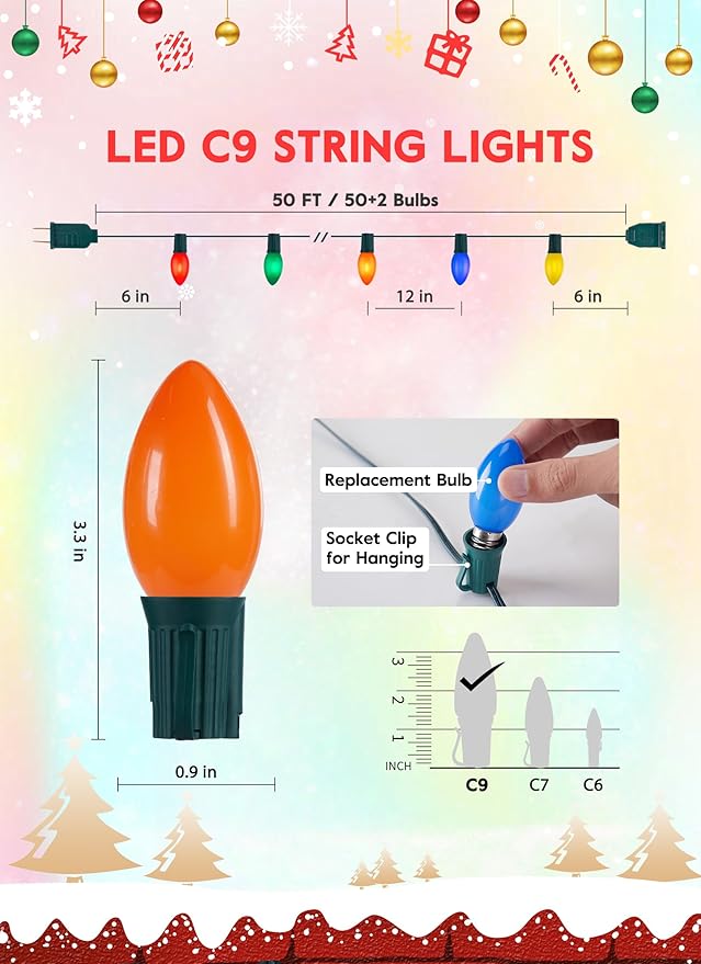 Vintage C9 LED Christmas Lights Outdoor, 50 Feet C9 String Lights with 50 Shatterproof C9 Bulbs, Waterproof Connectable Commercial Christmas Tree Lights for Outside Roofline Patio Decor, Multicolor