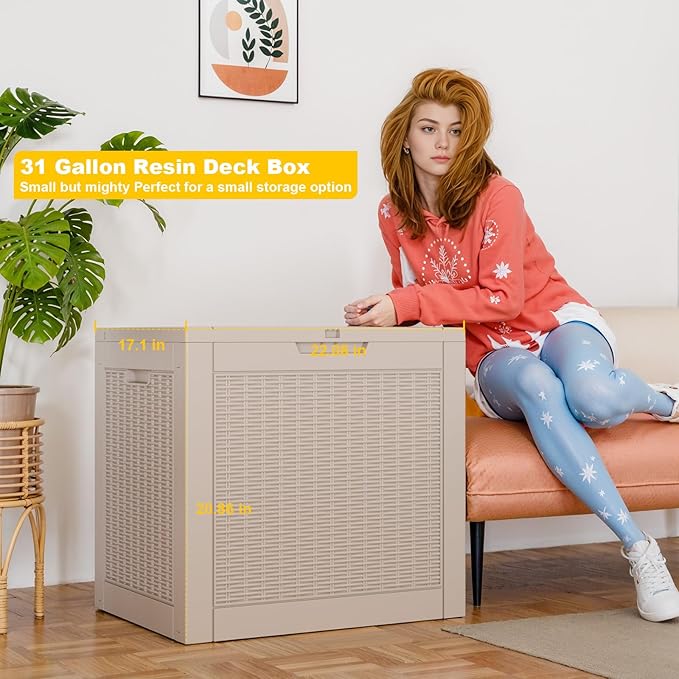 31 Gallon Outdoor Storage Box, Waterproof Resin Deck Box with Lockable Lid for Patio Furniture, Pool Accessories, Garden Tools (Brown)