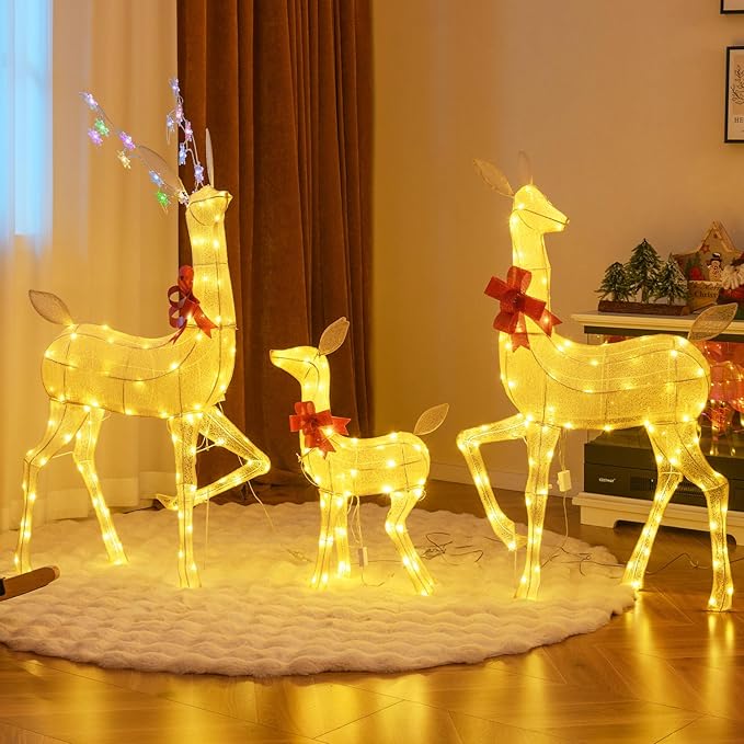 Tangkula 3 Pieces Christmas Lighted Reindeer Family Set, Indoor/Outdoor Christmas Decoration with LED Lights & RGB Flashing Lights, Ground Stakes, Light up Holiday Deer Decoration for Yard Lawn Party