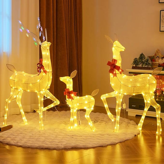 Tangkula 3 Pieces Christmas Lighted Reindeer Family Set, Indoor/Outdoor Christmas Decoration with LED Lights & RGB Flashing Lights, Ground Stakes, Light up Holiday Deer Decoration for Yard Lawn Party