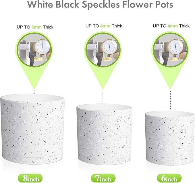 8/7/6 inch Flower Pots, 3 Set Cylindrical Plant Pots for Outdoor Indoor Plants, Decorative Plastic Planters with Drainage Holes and Saucers for Garden House Plants, White with Black Speckles