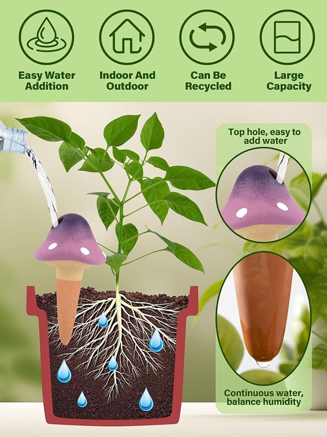 4Pcs Plant Watering Globes, Kalolary Self Watering Spikes Terracotta Drip Water Stakes Irrigation Watering Bulbs for Pot, Indoor, Outdoor, Vacation ﻿(Gradient Mushroom)