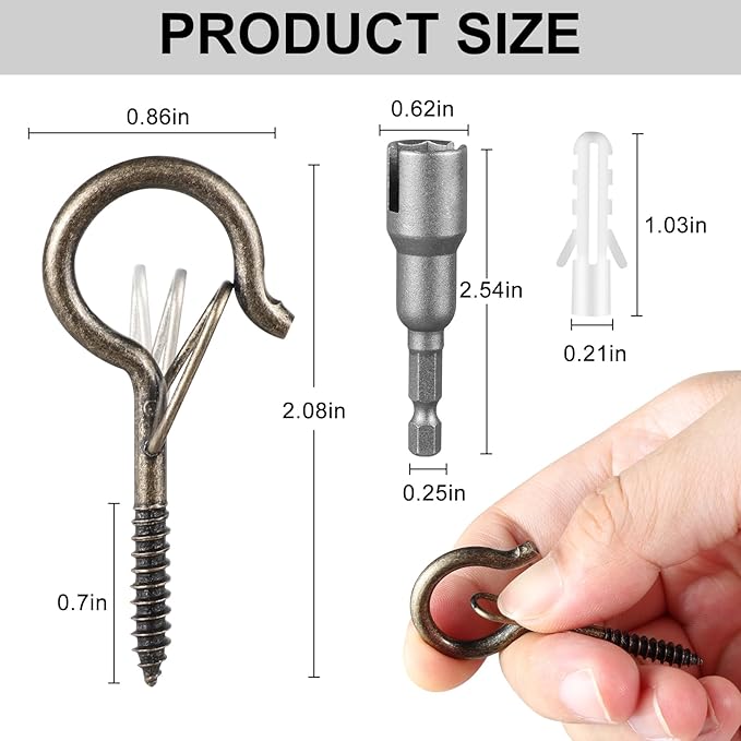 24 PCS Q-Hanger Hooks, Screw Hooks for Outdoor String Lights, Safety Buckle Design Cup Eye Hook for Hanging Christmas Lights, Plants, Mounted on Wall Ceiling, Include 1 Wing Nut Driver, Copper