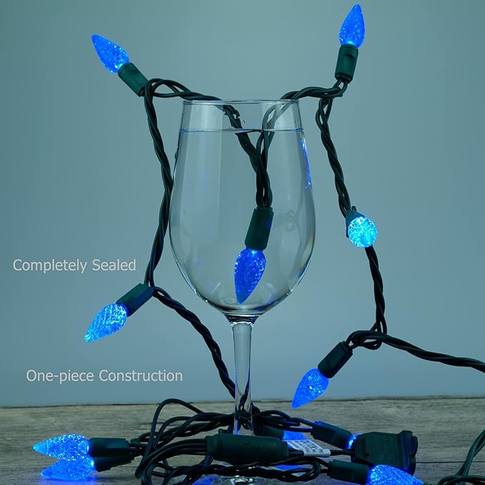 YULETIME Blue C6 Strawberry LED Christmas Lights, 33 ft 100 Count 4" Spacing One-Piece High Waterproof UL Certified String Light (Blue)