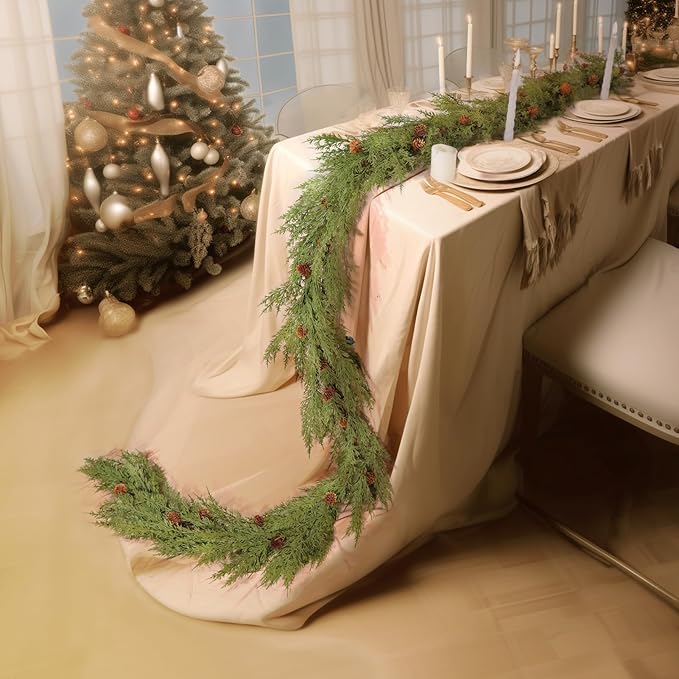 WBHome Real Touch Cypress Cedar & Pine Cone Evergreen Garland for Christmas Holiday Seasonal Outdoor/Indoor Home Decor, 9FT Long
