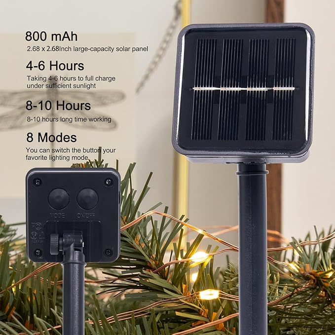 Solar String Lights for Outside,2Pack 66FT 200 LEDs Solar Fairy Lights,Waterproof 8 Modes Button Outdoor String Light for Patio Garden Backyard Tree Wedding Christmas,Copper Wire,Warm White