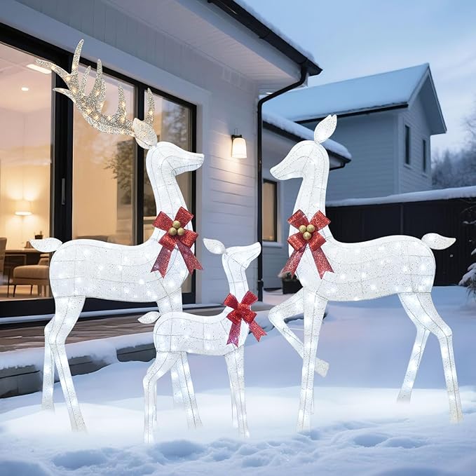 HOYECHI 6.5 FT Oversized Christmas Decorations Outdoor Lighted Reindeer – 3-Piece 3D Deer Family Set with 340 Warm White LED Lights for Yard, Lawn, Garden & Porch Holiday Display - White