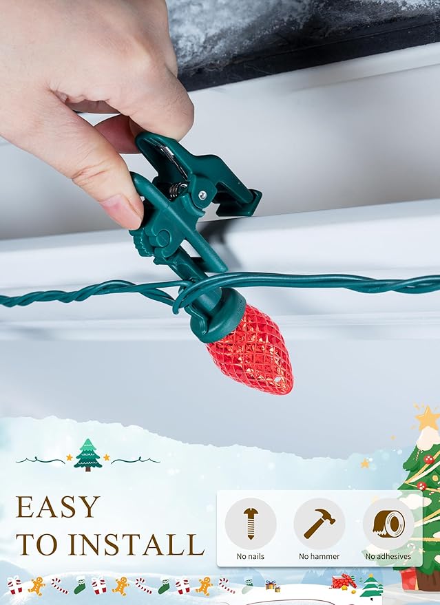 C9 LED Christmas Lights Outdoor, 68 Feet 100 LED Strawberry String Lights With 100 Spring Clamps, Waterproof Commercial Grade Extendable for Outside Roofline Patio Home Xmas Decoration, Red & Green