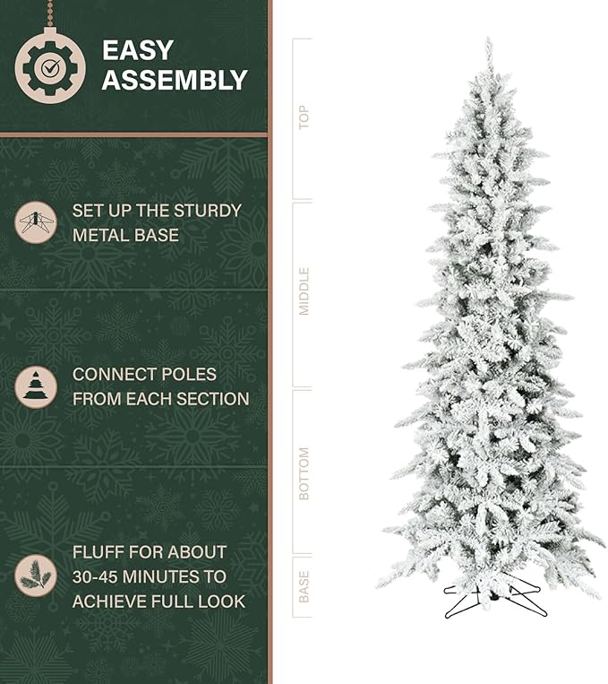 Fraser Hill Farm 6.5-Ft Slim Mountain Pine Flocked Artificial Christmas Tree with Stand, Unlit Foldable Skinny Fake Tree with Realistic Snowy Foliage, Holiday Décor Greenery for Winter Decoration