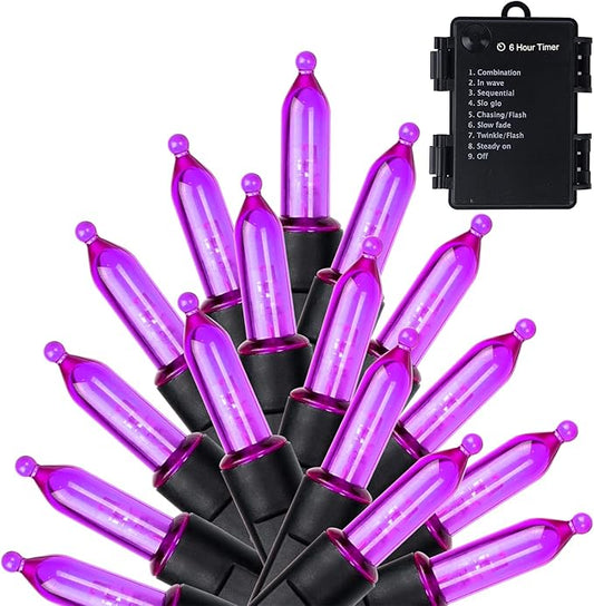 WATERGLIDE 50 LED Outdoor Halloween Lights, 16 FT Mini String Light with 8 Modes, Waterproof Battery Operated Tree Lights for Indoor Outdoor Patio Garden Party Wedding Decoration, Purple