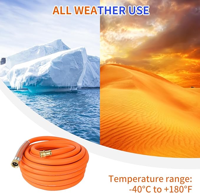 Aain Rubber Garden Hose 5/8 in. x 50 ft with 3/4'' Male to Female Solid Brass Fittings Flexible Lightweight Water Hose for All-weather Outdoor, Car wash, Lawn 500 Burst PSI, Orange